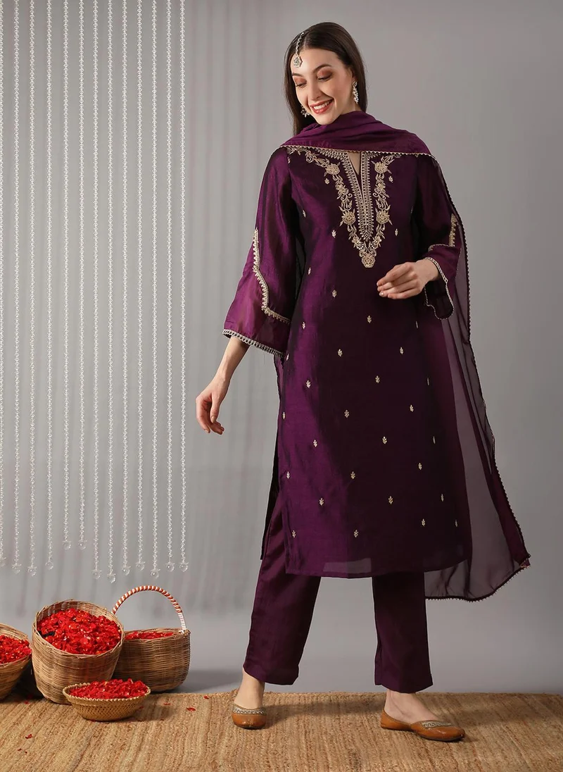 globus Globus Women Purple Sequin Embroidered Yoke Bell Sleeves Straight Kurta With Pants & Gotta Patti Dupatta Festive Set